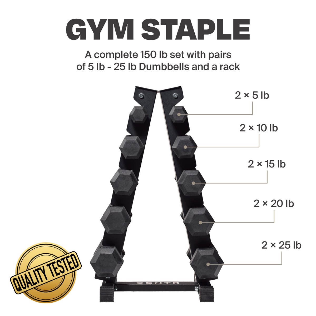 Centr 5 - 25 Lb Dumbbell Weight Set with Rack - Centrcentrllc